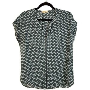 Pleione Women's Medium Cap Sleeve Blouse Top Green Circle Print Zip